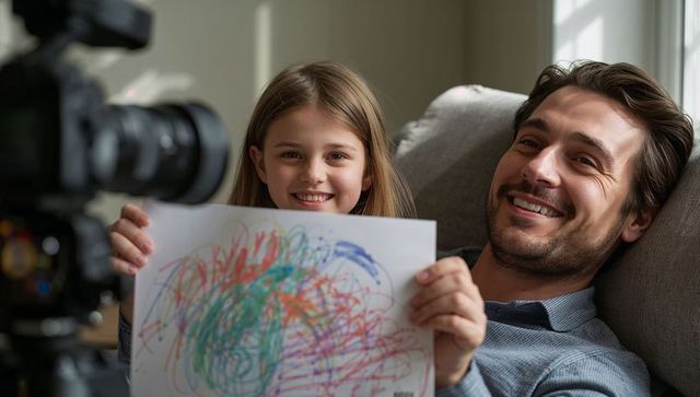 Father and daughter smiling while recording colorful toddler artwork on cozy sofa at home