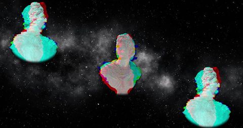 Abstract Sculptures Floating in Space with Digital Interference