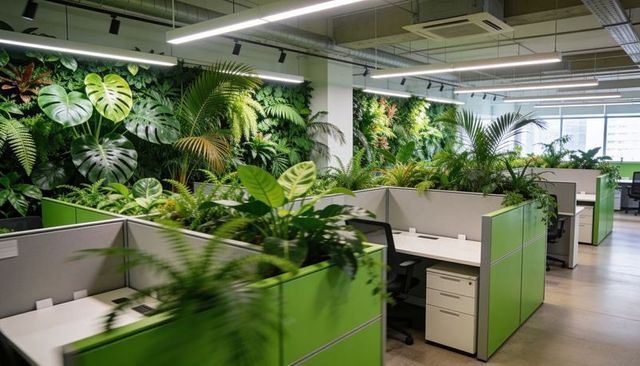 Showcasing biophilic open-plan office with green cubicles integrating planters and living wall