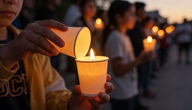 Hands shielding candle in paper cups during evening vigil for unity and remembrance