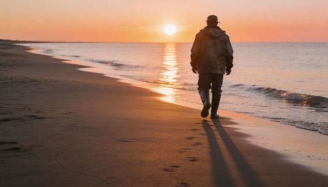 Solitary fisherman walking shoreline at sunset leaving footprints in wet sand, long shadows