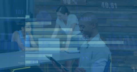 Business Executive Using Digital Tablet with Financial Data Overlay