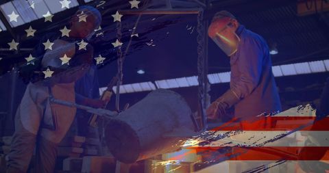 Factory Workers Pouring Molten Metal with American Flag Overlay