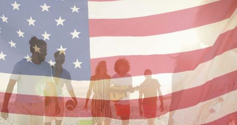 Diverse Friends Walking Beach at Sunset with American Flag Overlay