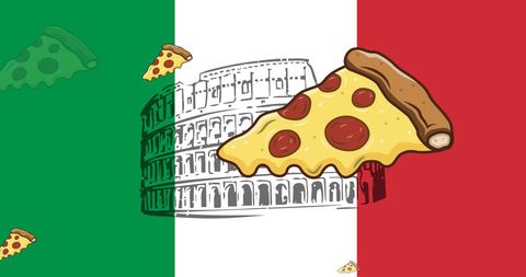 Icons of Pizza Over Colosseum on Italian Flag Background