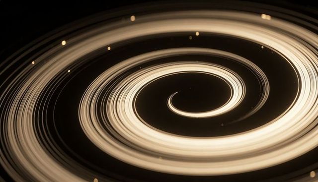 Spiraling glowing amber vortex of concentric light rings with bokeh specks neon abstract digital