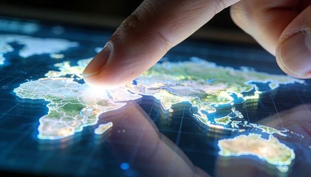 Touching digital world map on tablet displaying illuminated continents and data grid