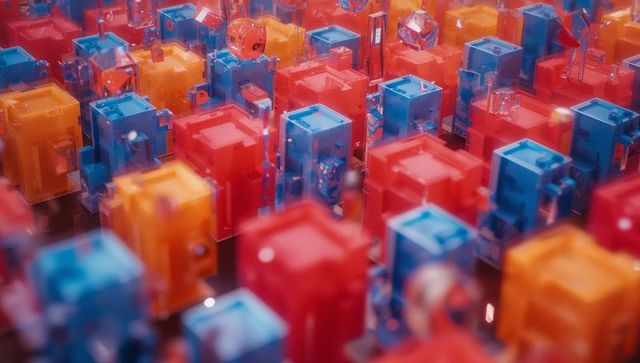 Colorful abstract geometric 3d render with cubes and spheres