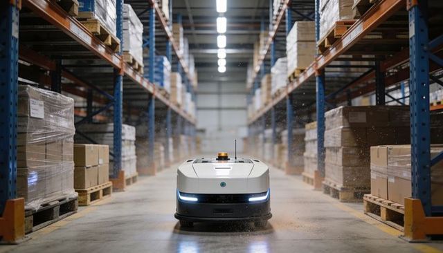 Autonomous warehouse robot navigating aisle between pallet racks and boxes with led beacon