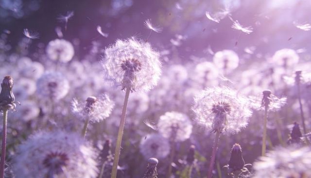 Sunlit dandelion seeds drifting in pastel meadow at golden hour with soft bokeh