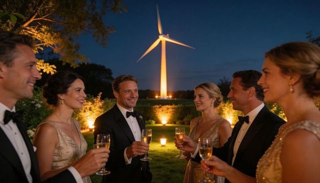 Elegant black-tie garden gala toasting champagne by illuminated wind turbine at dusk