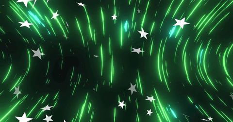 Futuristic Neon Green Light Streaks with White Stars on Dark Background