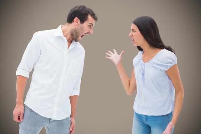 Digital composite of Aggressive couple arguing against colored background