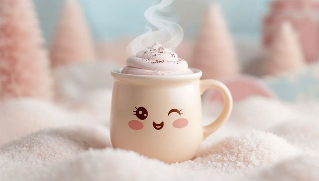 Kawaii winking ceramic mug steaming pink whipped foam with sprinkles on pastel winter snow