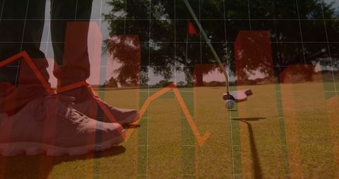 Golfer Lining Up Putt on Green with Financial Data Overlay