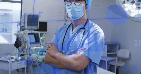 Surgeon standing with arms crossed in high-tech operating room monitoring data overlay