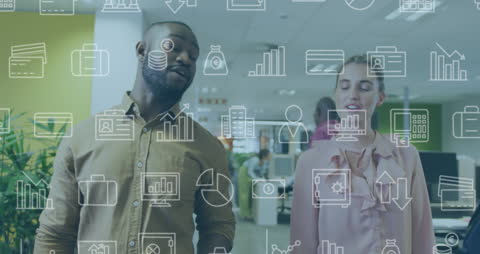 Diverse Coworkers Discussing in Modern Office with Icon Animation