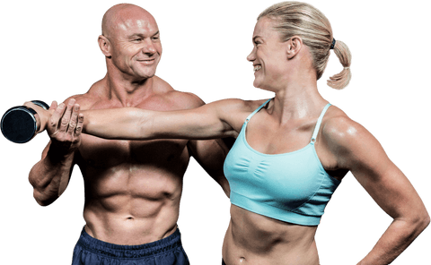 Transparent health coach assisting woman with dumbbell