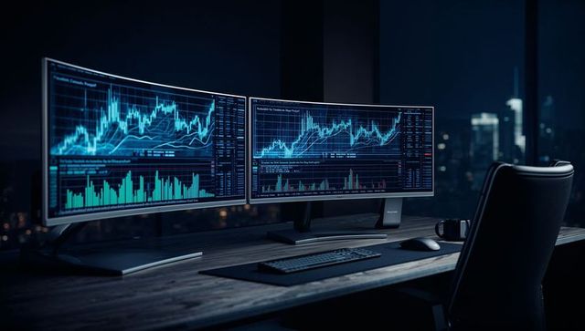 Curved monitors displaying financial charts in office at night