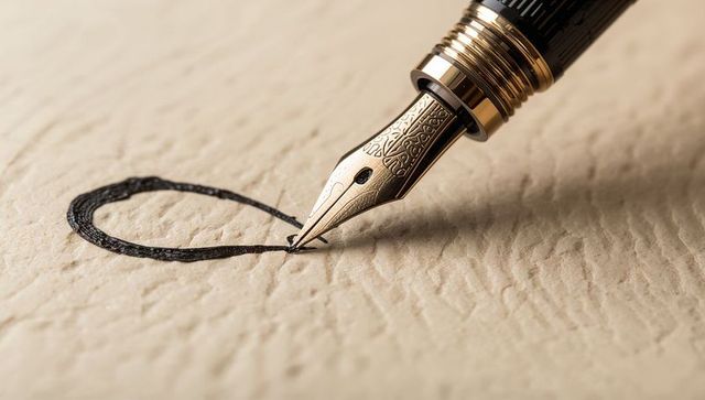 Fountain pen nib drawing elegant black ink loop on textured cream paper with gold trim