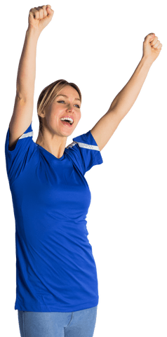 Cheering Woman in Blue Jersey Celebrating Victory Transparent