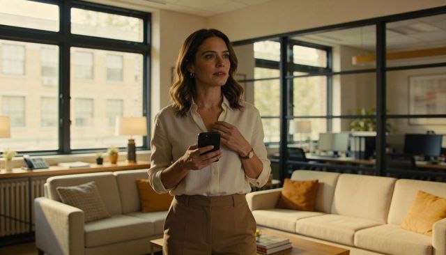 Businesswoman holding phone and standing in modern office lounge, contemplating plans