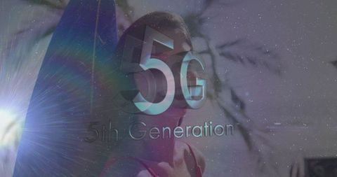 5G Technology Overlay on Beach Scene with 3D Text and Sunset Sky