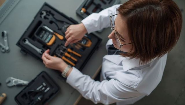 Female Technician Organizing Electronics Tools on Workbench Using Digital Multimeter