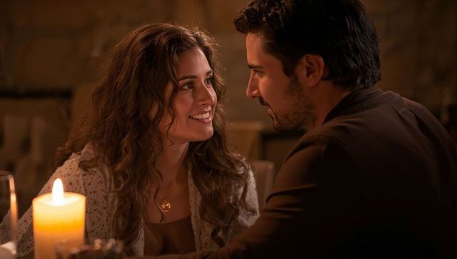 Romantic Couple Smiling Across Candlelit Restaurant Table