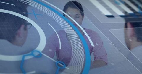 Businesswoman lowering gaze at conference table with holographic tech interface overlay