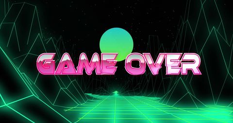 Retro Game Over Screen with Neon Digital Landscape