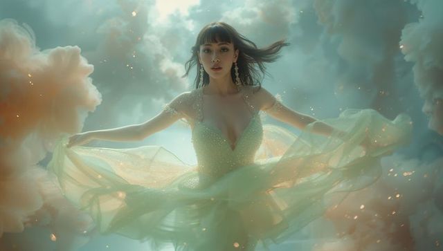 Ethereal Asian Model in Dreamlike Cloudscape with Sparkling Gown