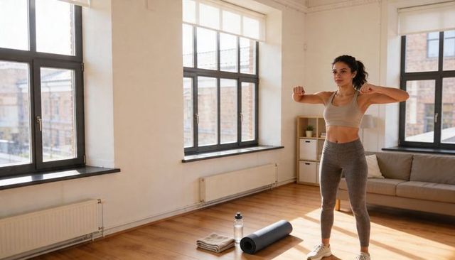 Woman stretching in sunlit loft apartment doing home workout with yoga mat, water bottle