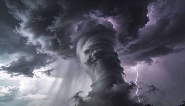 Rotating Tornado Funnel Dropping from Supercell with Forked Lightning and Torrential Rain