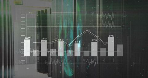 Futuristic data center hud visualization with neon bar and line chart, server racks