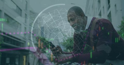African American Man Using Smartphone with Digital Financial Data Overlay - Download Free Stock Images Pikwizard.com