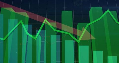 Green bar and line chart on digital grid background