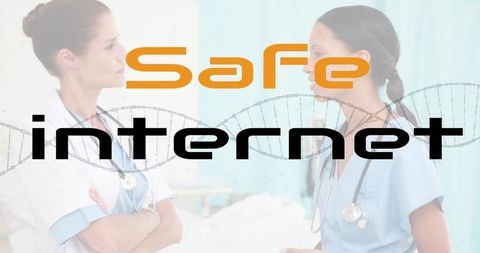 Diverse female doctors with safe internet overlaid, highlighting digital security in medicine