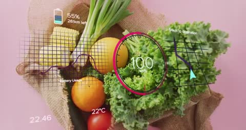 AR overlays animating over fresh produce flatlay showing telemetry gauge and navigation