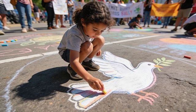Young child coloring chalk dove with olive branch on street during community peace rally