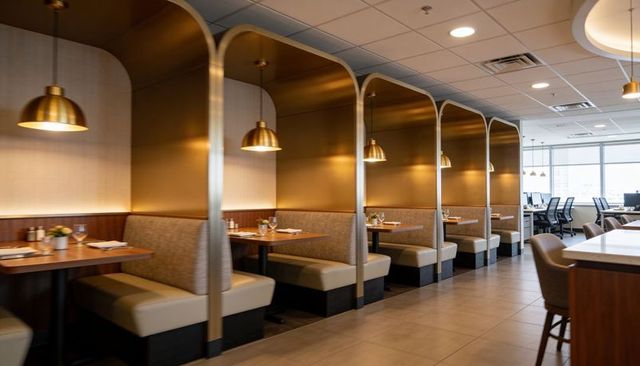 Featuring arched dining booths and warm pendant lighting in luxury corporate lounge