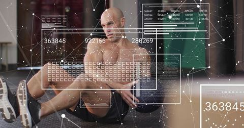 Shirtless athlete performing medicine ball core workout with augmented analytics hud