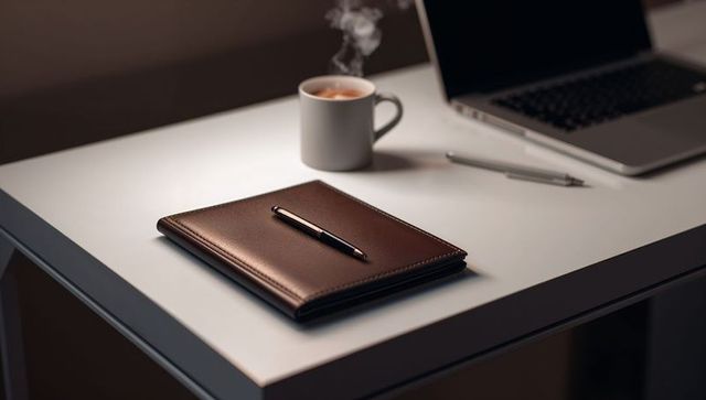 Minimalist office desk with laptop, notebook and coffee