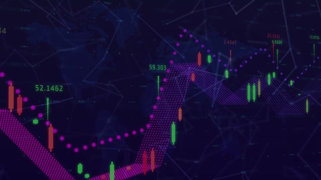 A graph with highlighted figures represents live data in trading, making it ideal for presentations or publications on finance and business. Useful for visuals depicting technology integration in financial markets, global trading connections, or economic forecasts.