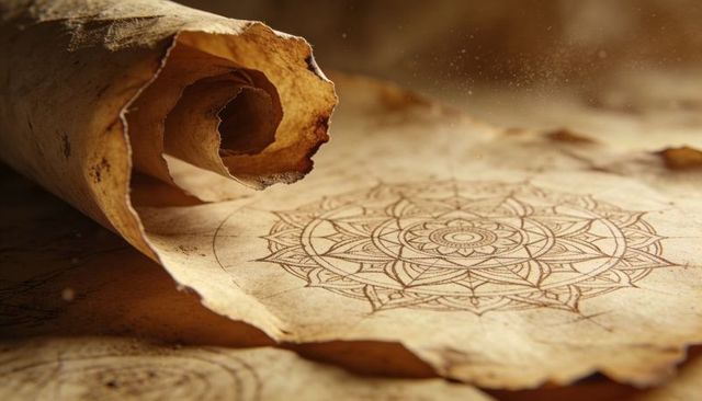 Rolled aged parchment revealing intricate mandala ink drawing on weathered paper texture