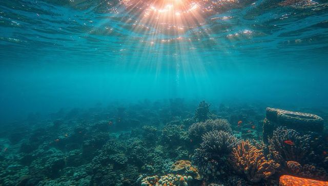 Sunbeams piercing turquoise water with gliding orange reef fish over vibrant coral garden