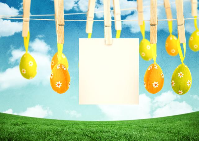Easter Eggs and Blank Note Hanging on Clothesline Under Blue Sky - Download Free Stock Photos Pikwizard.com