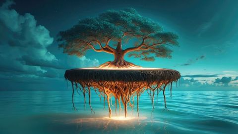 Mystical floating island with illuminated sandalwood tree at night