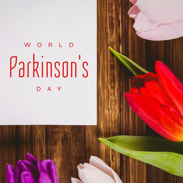 World Parkinson's Day Poster with Colorful Tulips and Wooden Background - Download Free Stock Templates Pikwizard.com