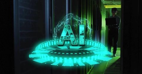 Holographic ai core illuminating data center aisle with technician holding laptop